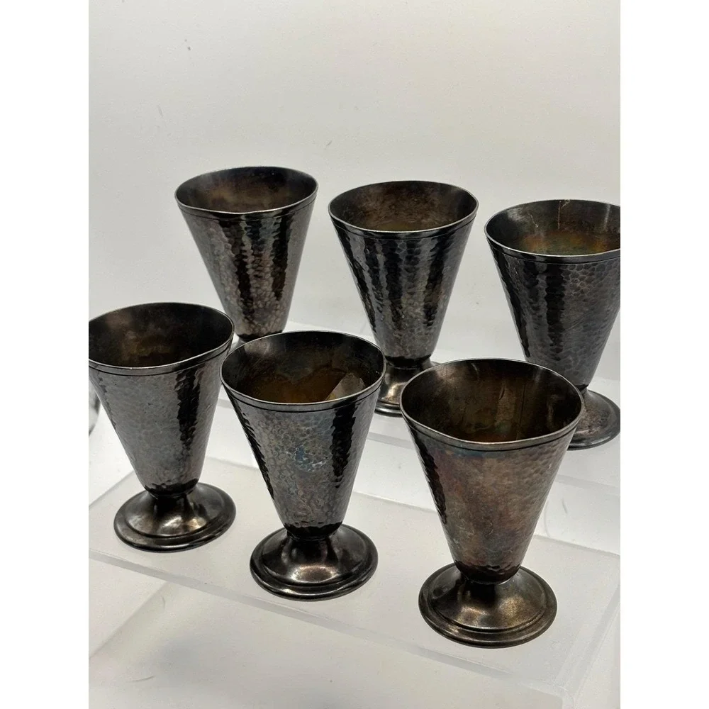 Set of 6 Reed & Barton 12 Hammered‎ Silver Plate Cordial Goblets Glasses Vintage